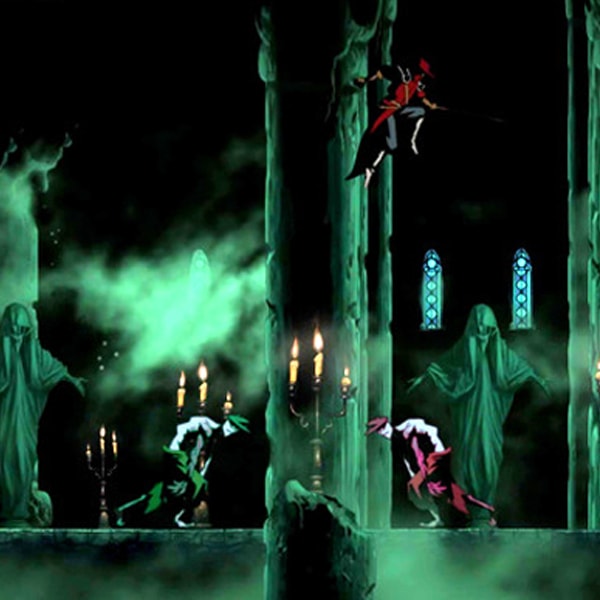 A swordsman in red leaps above two zombies in a decrepit church. 