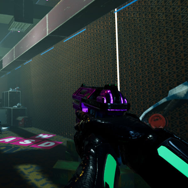 1st-person view of a player pointing a pistol inside a hallway filled with scrap robots