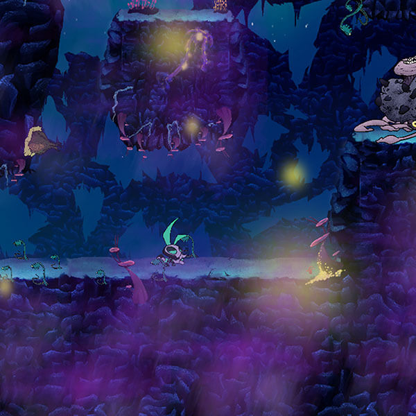 El jugador camina a lo largo de una plataforma rocosa con varias plataformas encima.