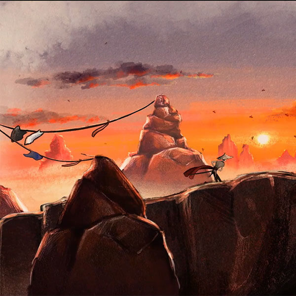 A samurai ascends a cliff as the sun sets