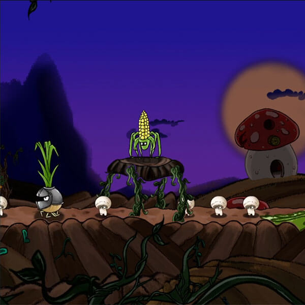 Various cartoon vegetables walk on a dirt road with mushroom houses