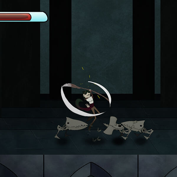 Player swings a spear at three skeleton enemies with sharp beaks