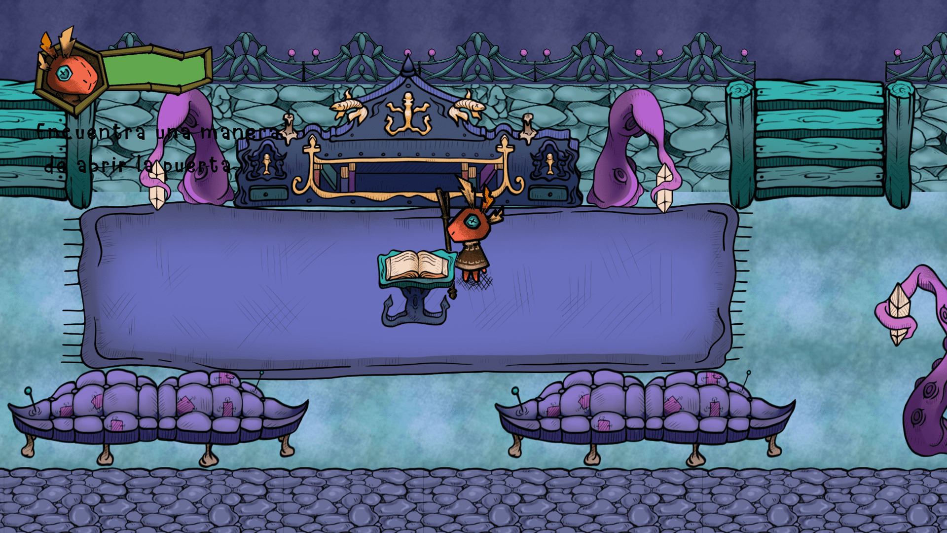 The protagonist, Hector, is presented with a riddle; he must find a way to open the door in a fantastical purple-colored world.
