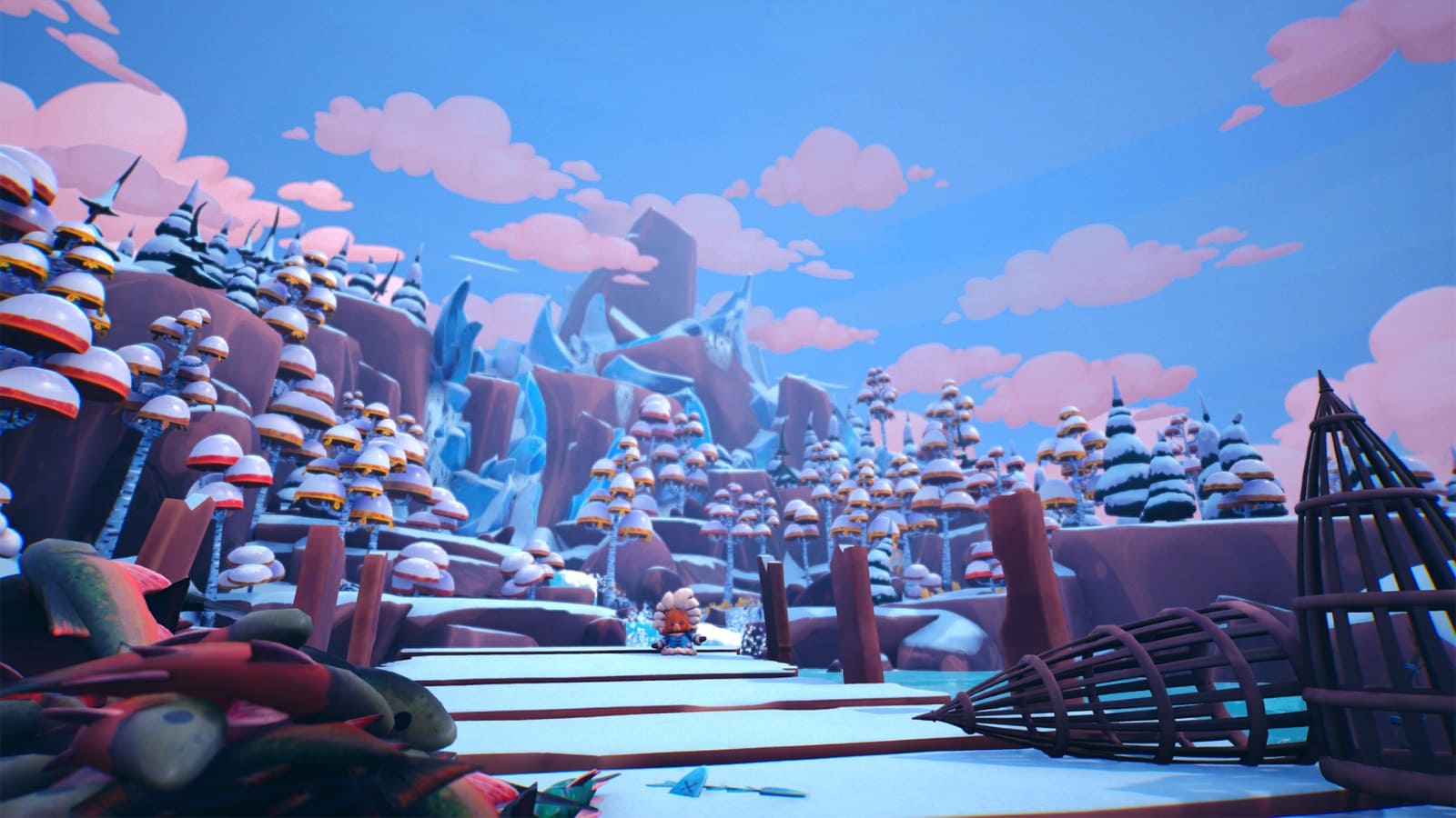 A panoramic view of a frozen forest with mushrooom-looking trees and a small character at the end of a bridge on top of a lake