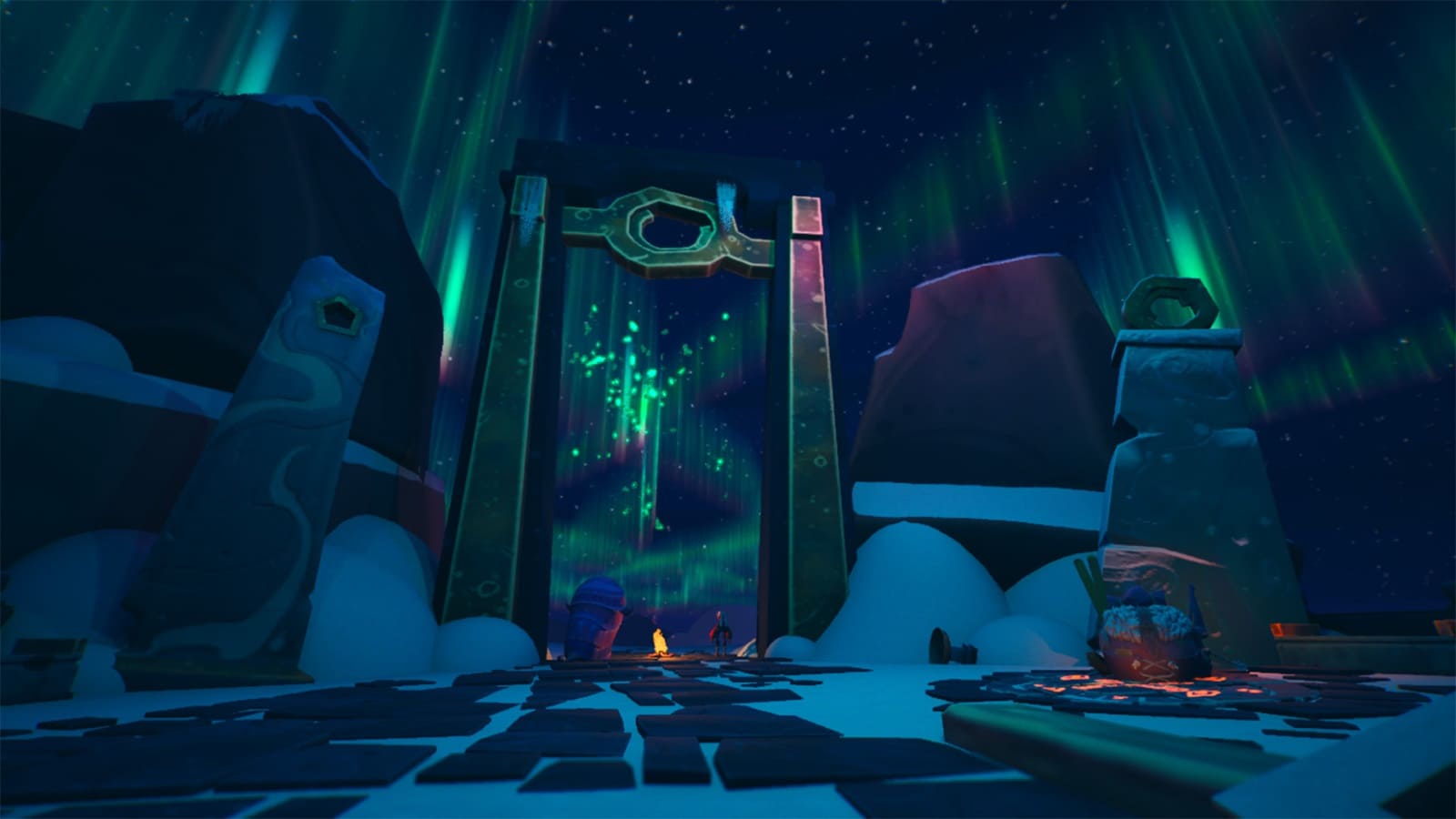 A far view of the character across a door with the northern lights visible on the sky