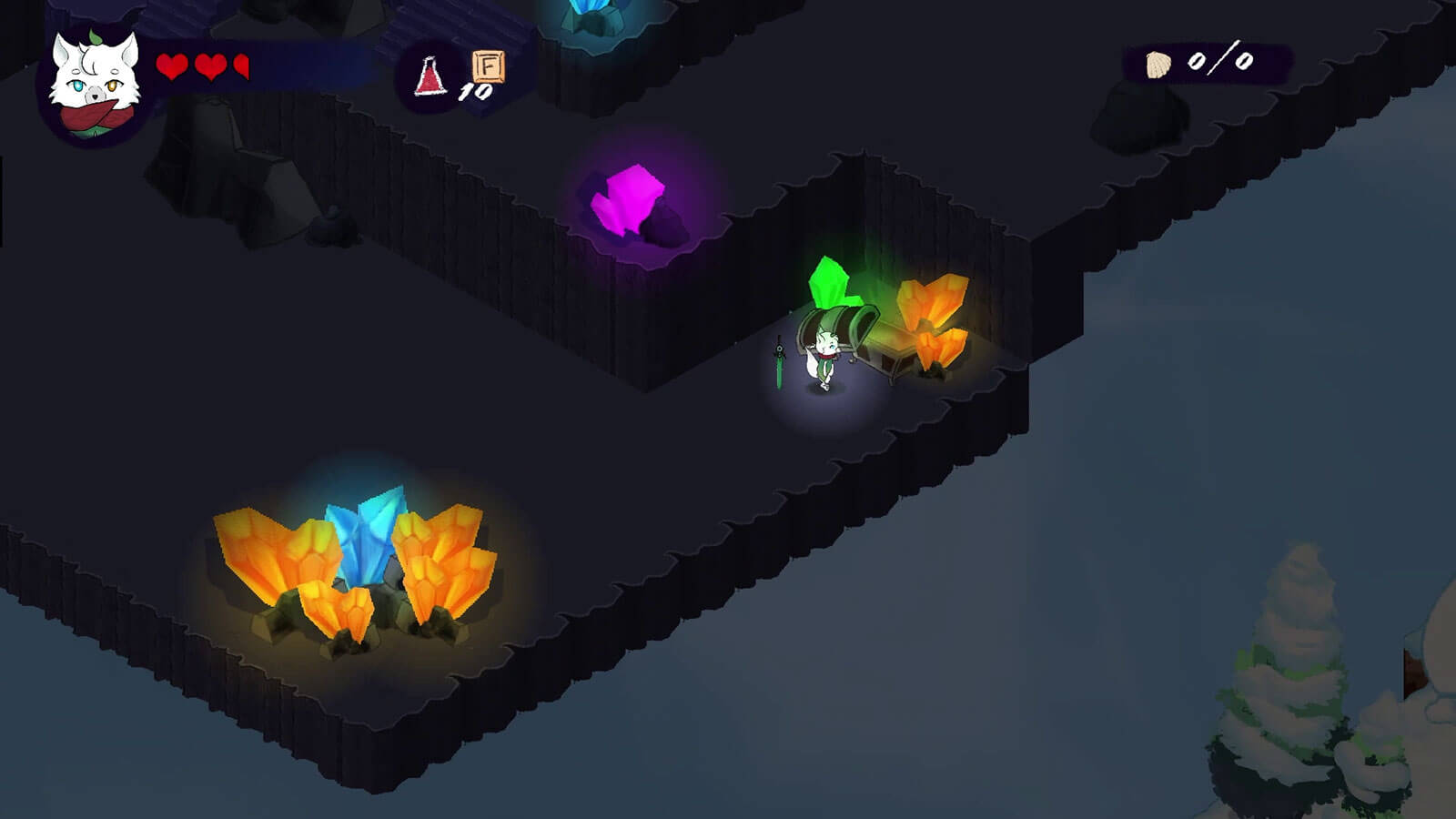 Character walks through a dark area that with small colorful crystals lighting up certain areas