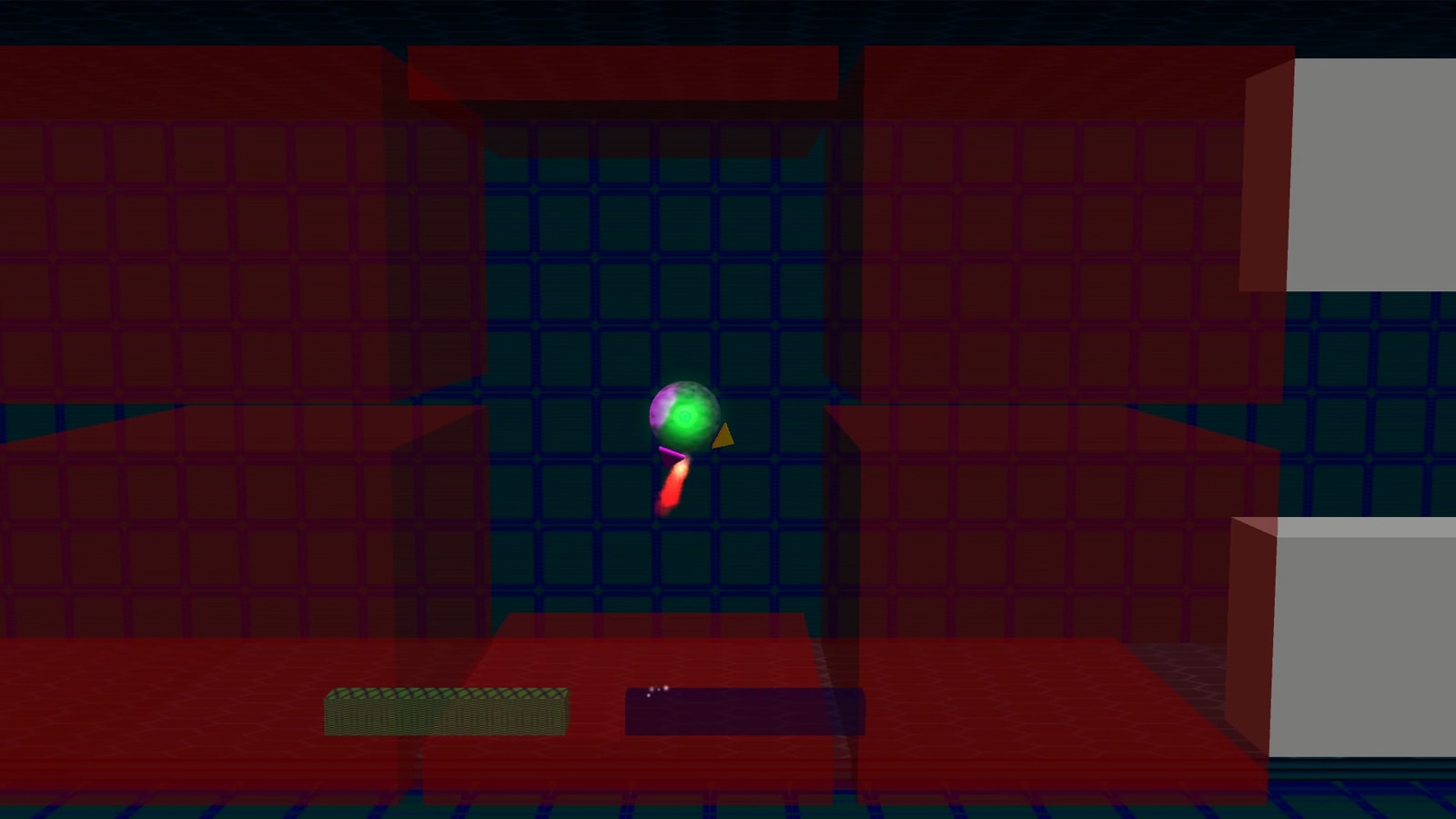 An orb jumps in a gap between red transparent cubes. 