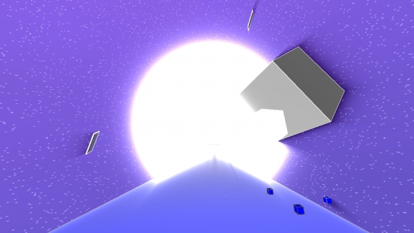 Un cubo gris emerge de un gran orbe de luz, con tres cubos azules más pequeños debajo de él.