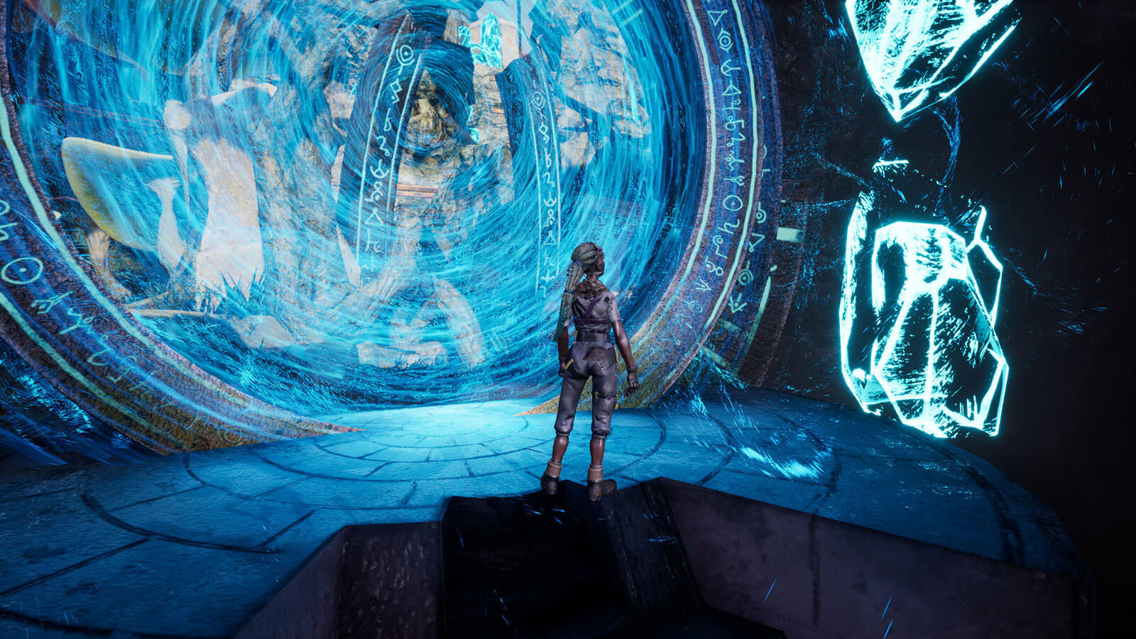 Mujer frente a un portal interdimensional que brilla intensamente