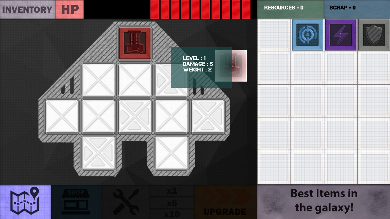 A ship customization screen displays slots for upgrades.
