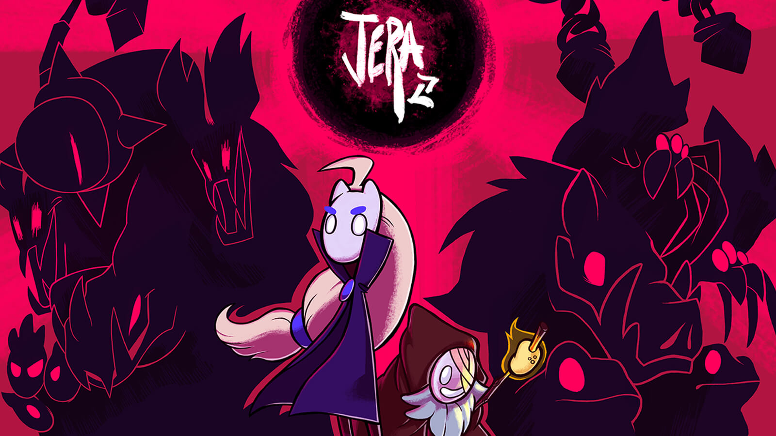 La pantalla de título de Jera, con dos personajes principales y siluetas de monstruos detrás de ellos.