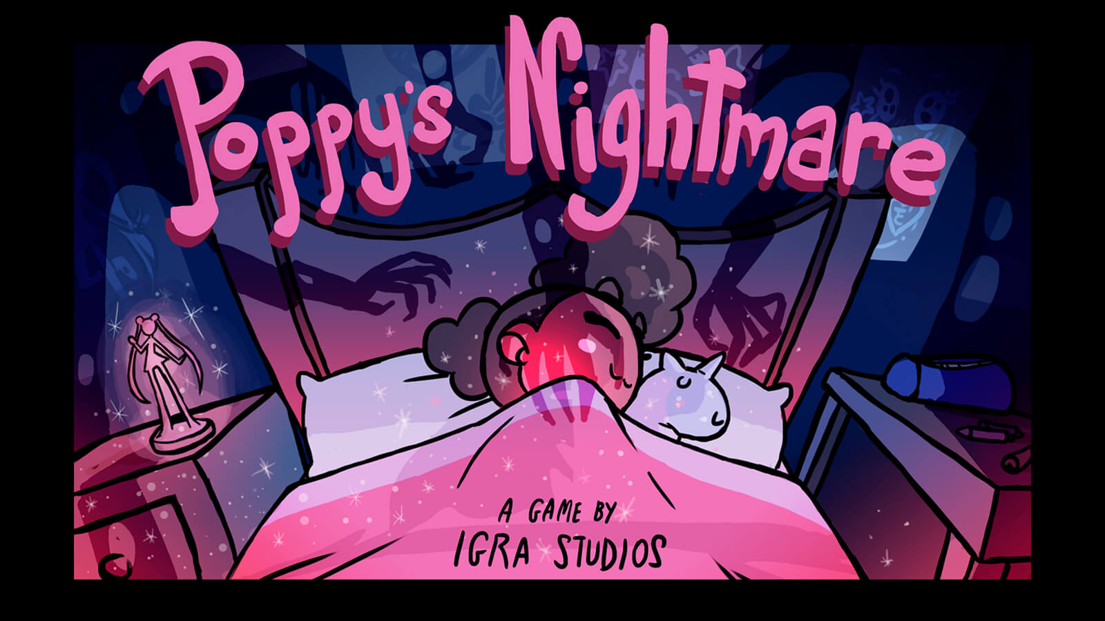 La pantalla de título de Poppy's Nightmare, que muestra al personaje principal durmiendo en la cama mientras sombras de manos aterradoras la acechan.