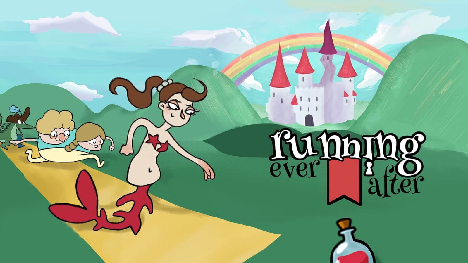 Multiple fairy tale characters cursed by an evil witch race along the path towards the potion to reclaim their happily ever after, with a beautiful castle with red roofs framed by a rainbow in the background.