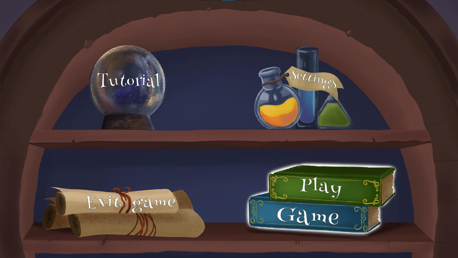The game's 'menu' screen is displayed with various options located on objects such as a crystal ball, potions, rolled-up scrolls, and books.
