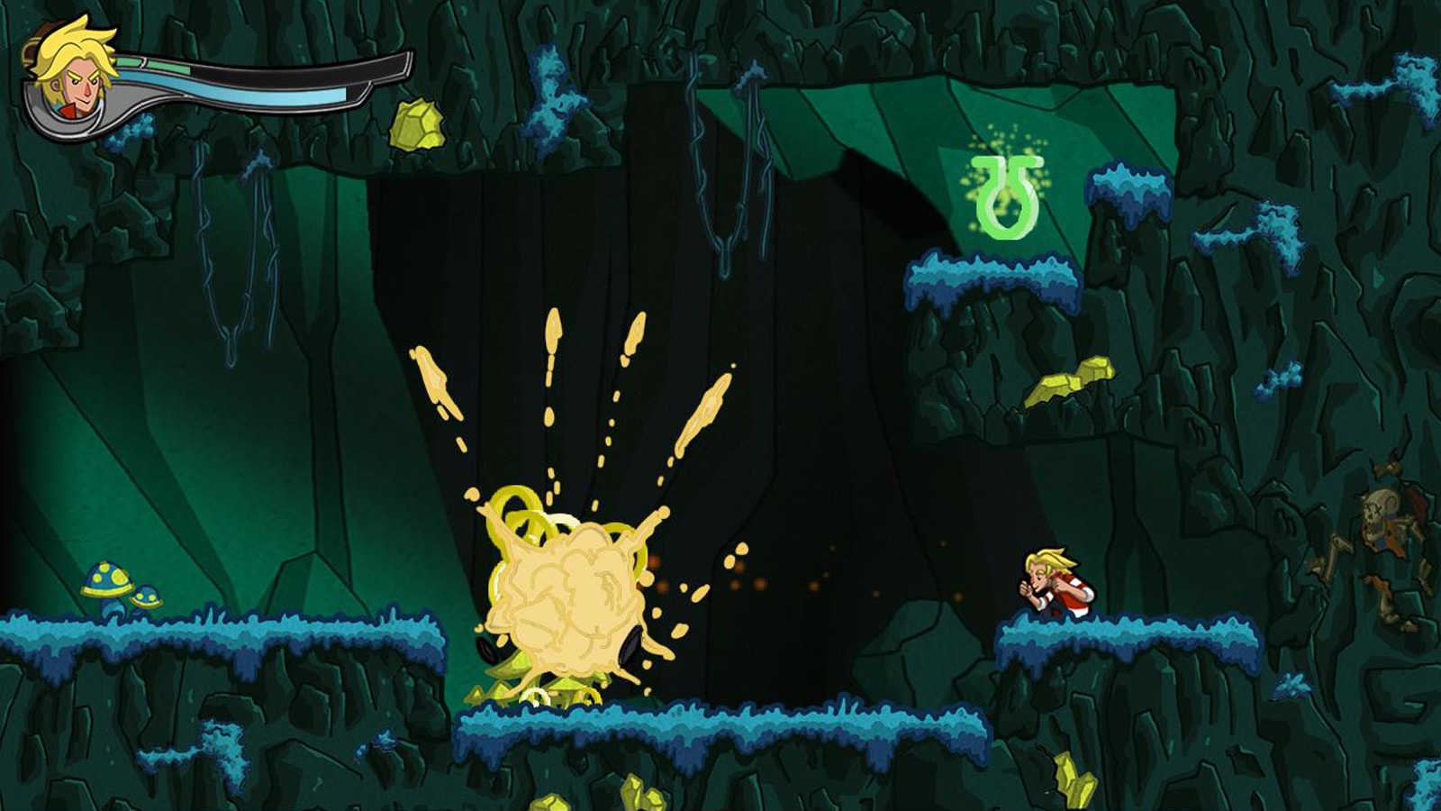 Jero crouches as a yellow explosion occurs across the screen