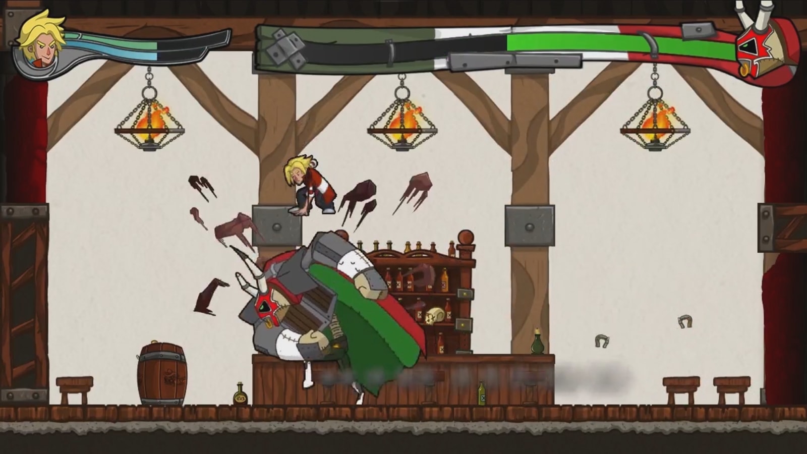 Jero leaps above a charging knight wearing a horned mask in a pub. 