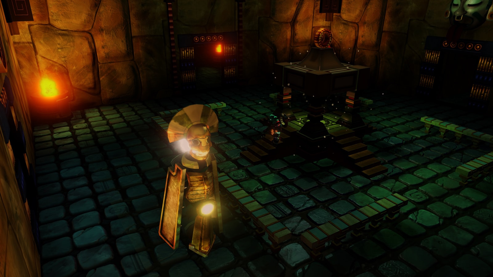 A glowing, gold Aztec statue stands on a cobblestone floor.