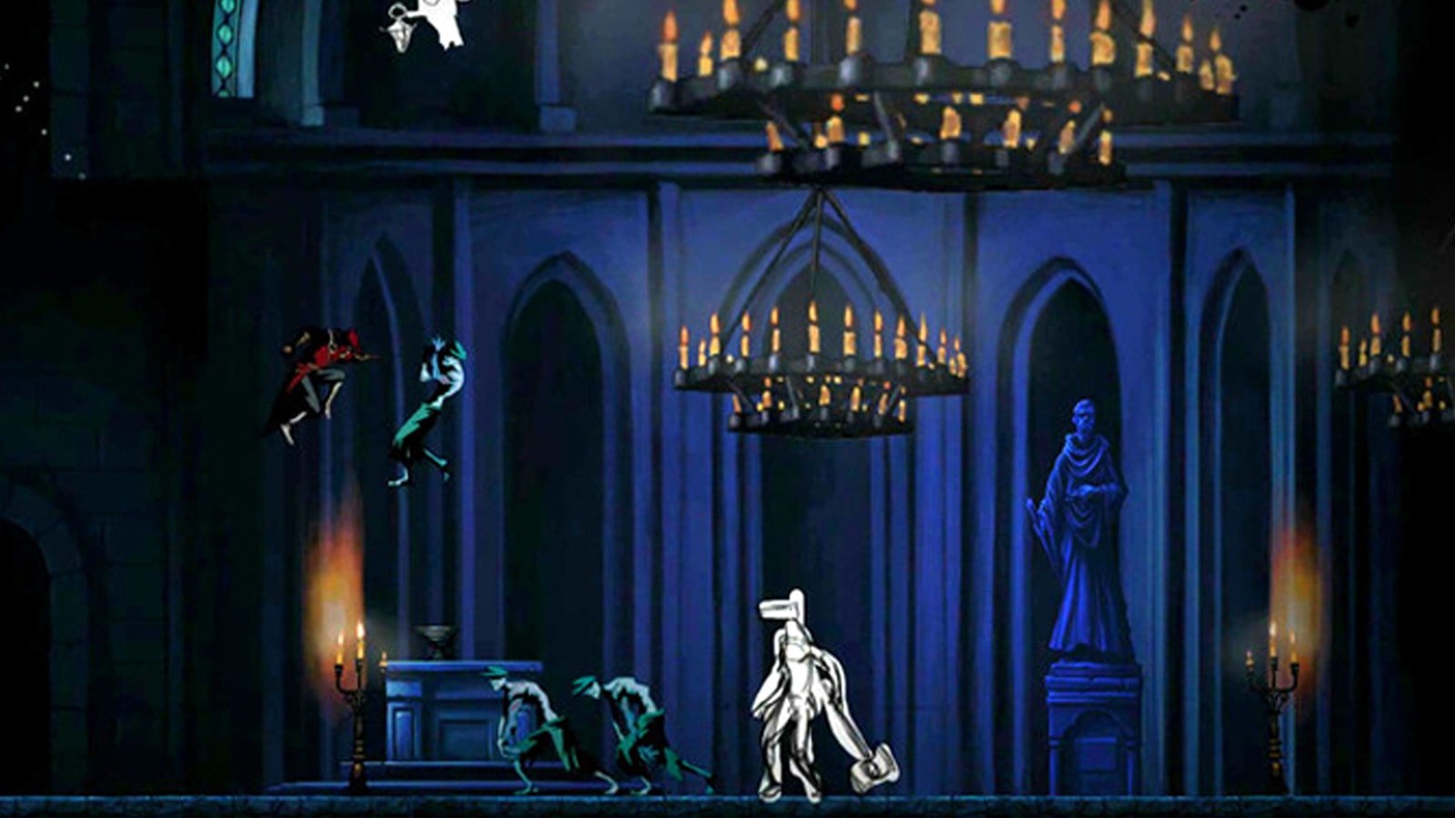 A swordsman in red fights a green zombie in midair in a spooky church.