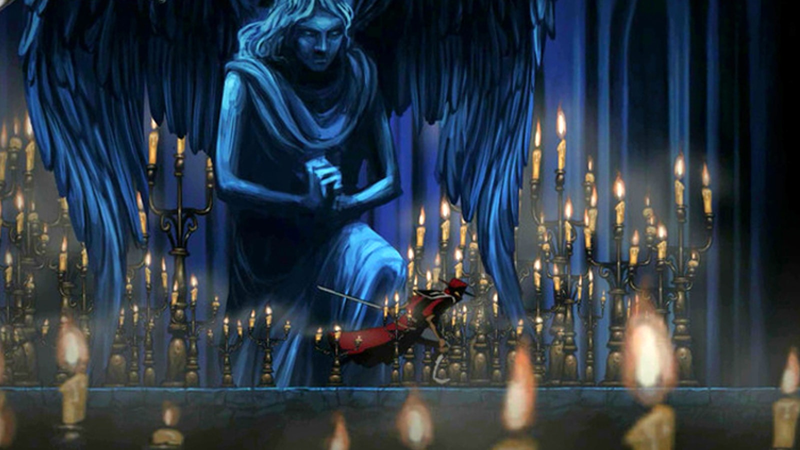 Un espadachín de rojo corre por delante de la espeluznante estatua de un ángel en un pasillo lleno de candelabros encendidos.