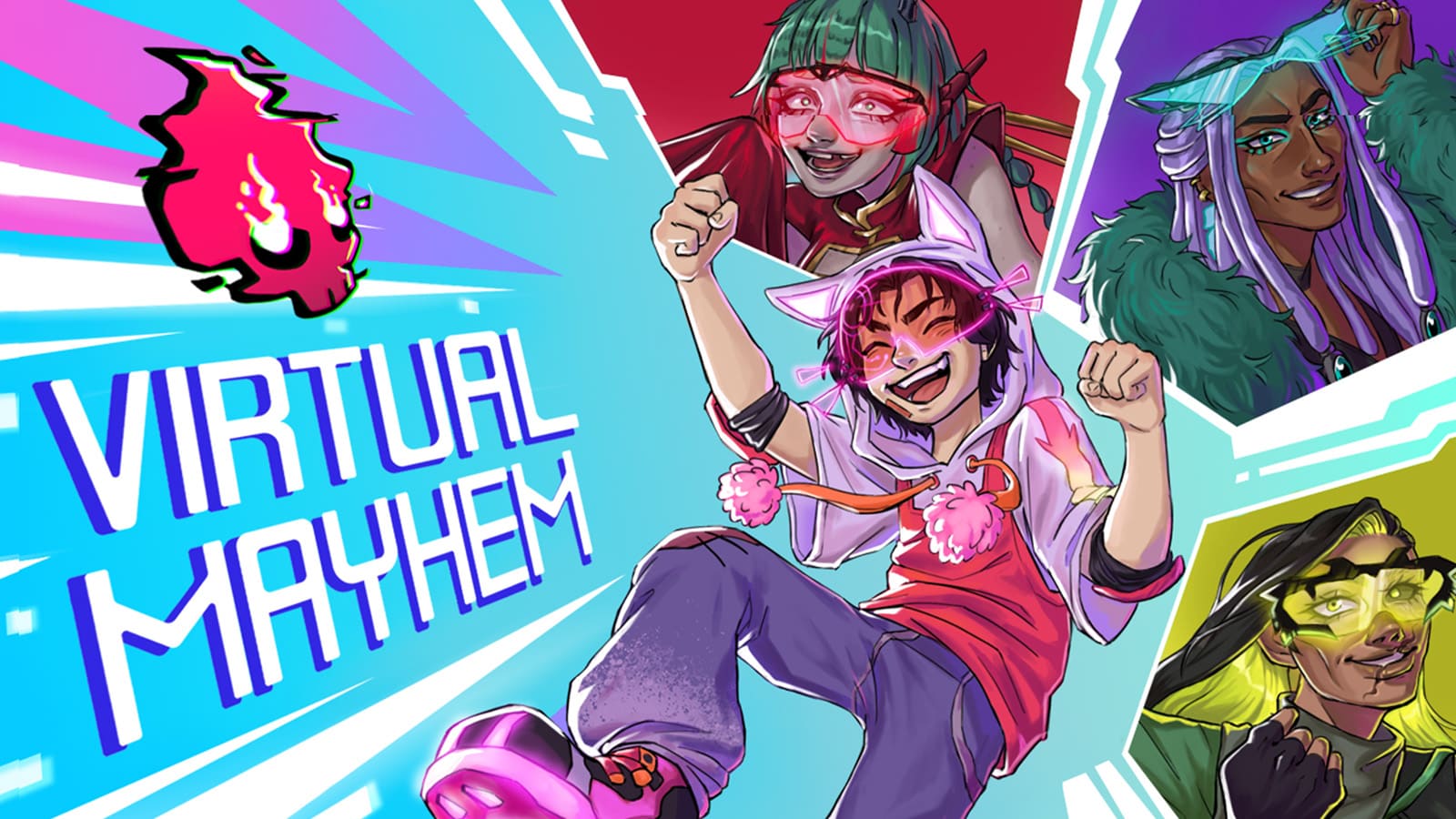 Virtual Mayhem logo and four happy main players.