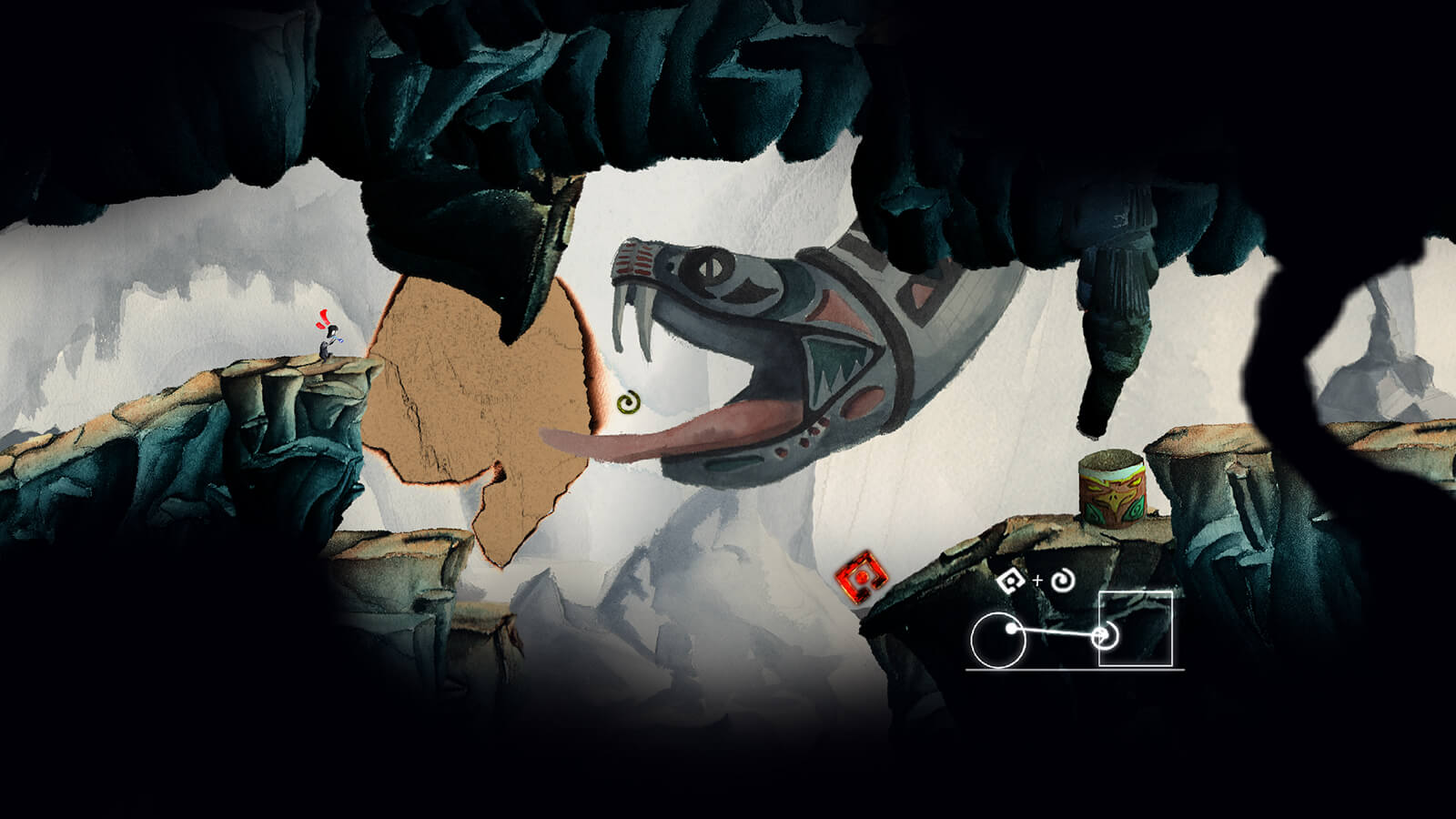 Escena de cueva en 2D con una gran serpiente gris colgando del techo, con las fauces abiertas y los colmillos descubiertos contra una pequeña figura negra.
