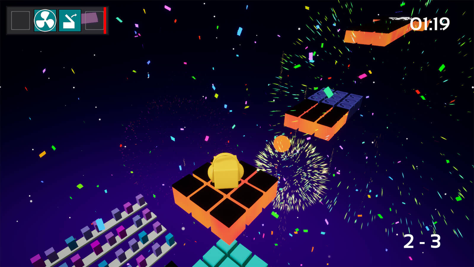 A golden block moves on a platform with multi-colored fireworks exploding in the background