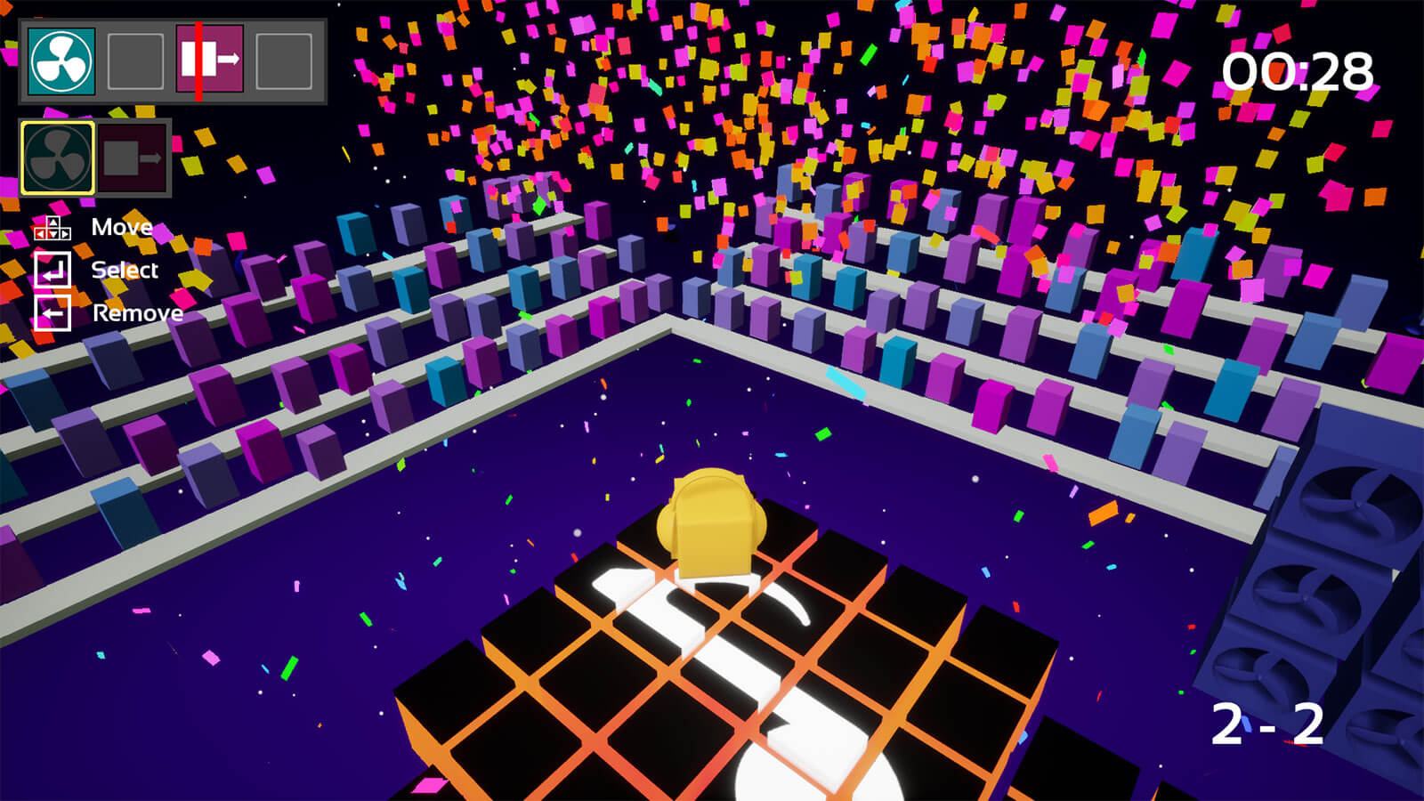 A gold block faces the corner of a platform with various pastel colored blocks and confetti in the background
