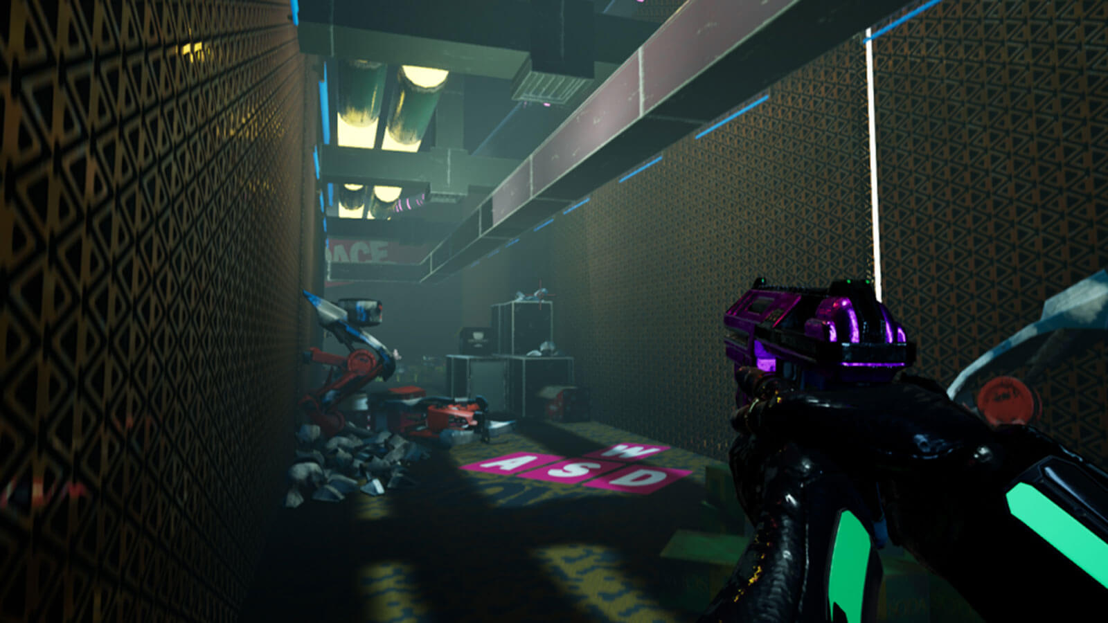 Vista en primera persona de un jugador apuntando con una pistola en un pasillo lleno de robots chatarra