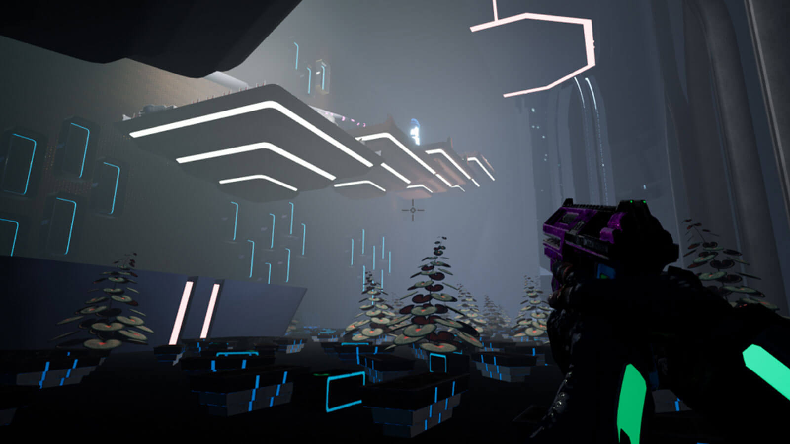 3 illuminated platforms float above a player as they aim their pistol at them
