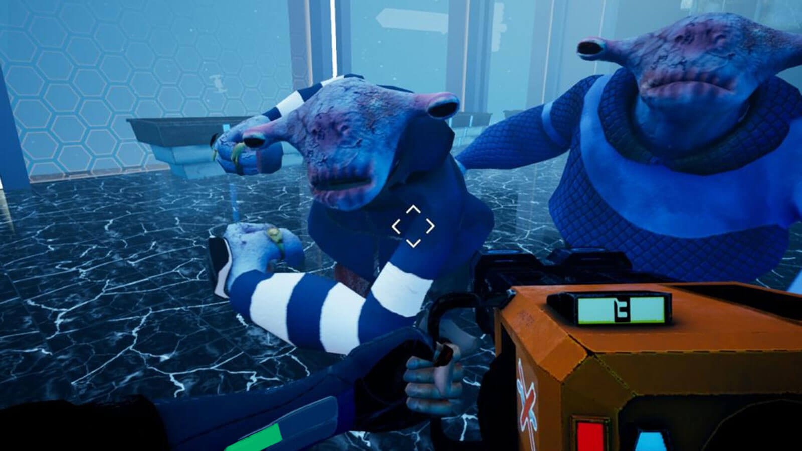 Two aliens wearing sweaters attack a player holding a rocket launcher device