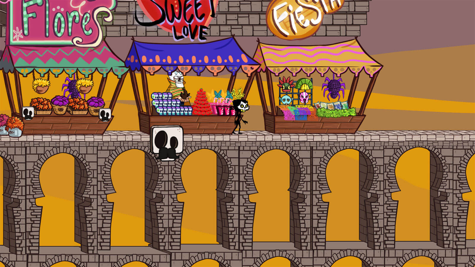 Player walks atop aqueduct lined with street vendor kiosks