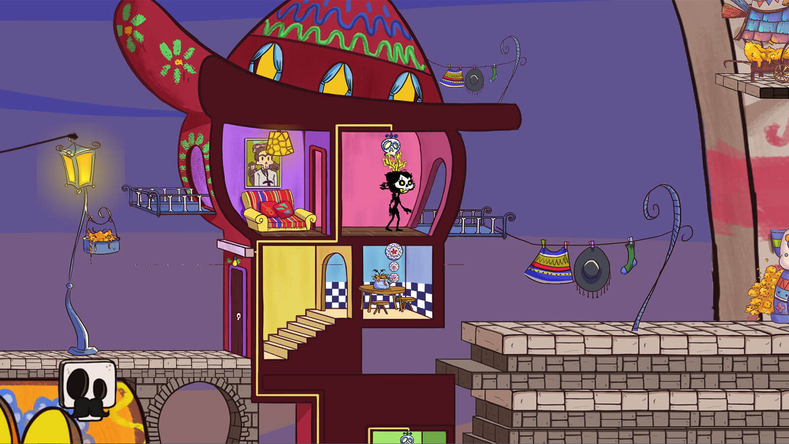 Player stands in small red house with a roof shaped like a hat