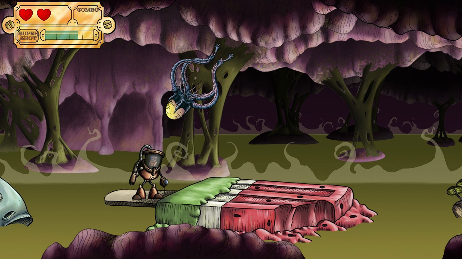 El jugador se encuentra en una plataforma hecha de una paleta de sandía derretida