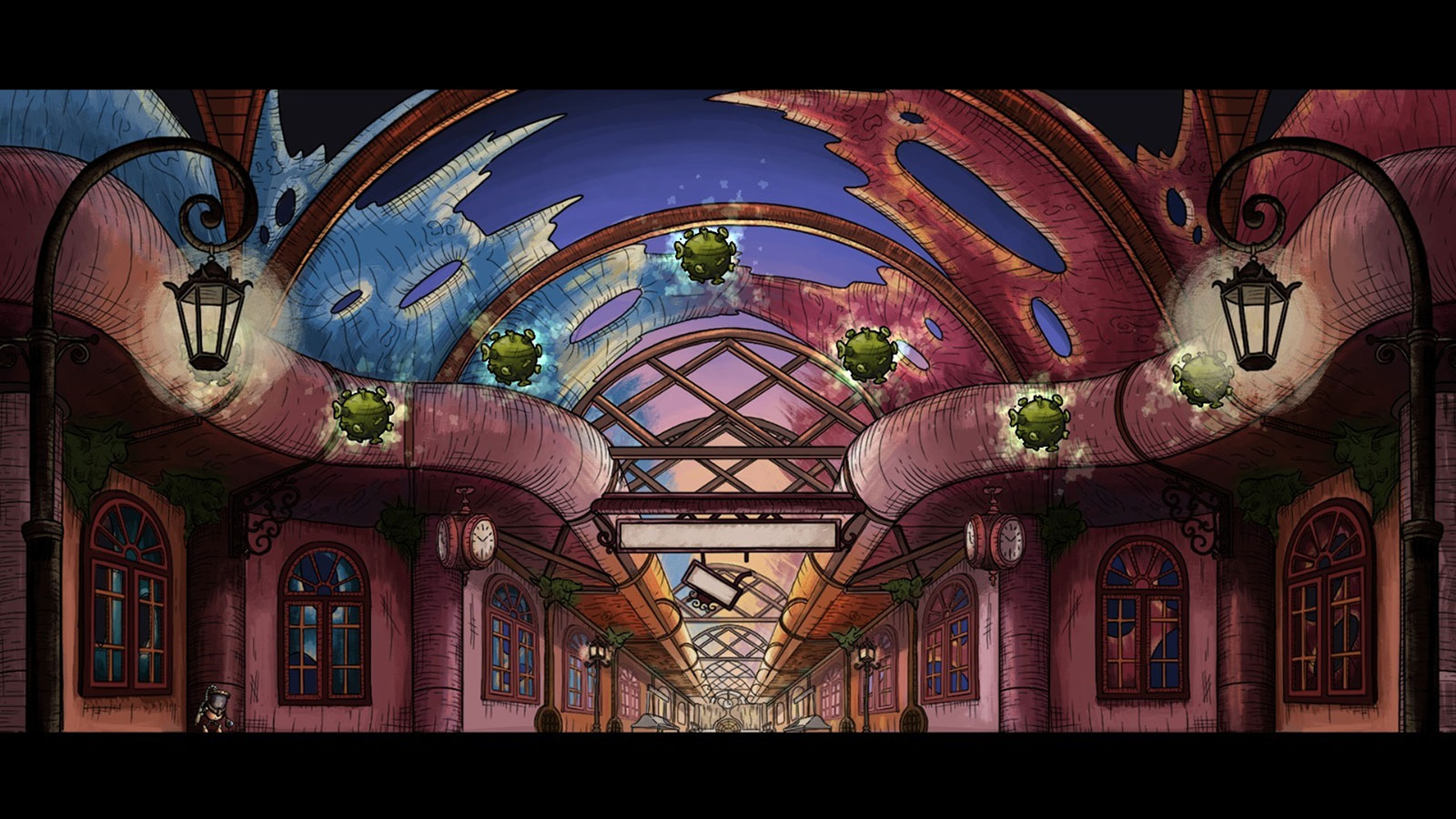Escena cinematográfica del jugador que llega a un pasillo enorme con un techo abierto