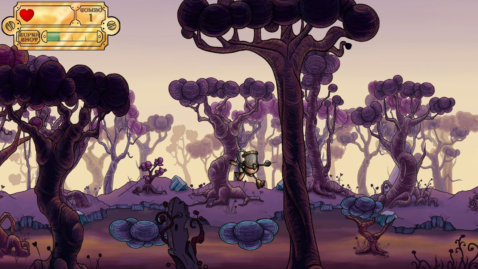 Jugador saltando entre pequeñas plataformas de burbujas con grandes árboles morados en primer plano y en el fondo