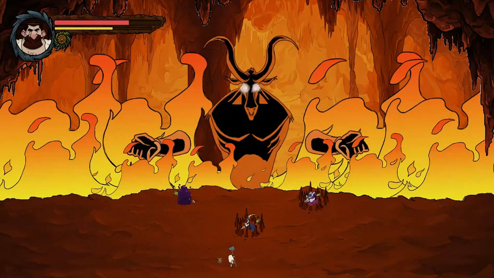 A massive fiery demon towers above a player on a platform