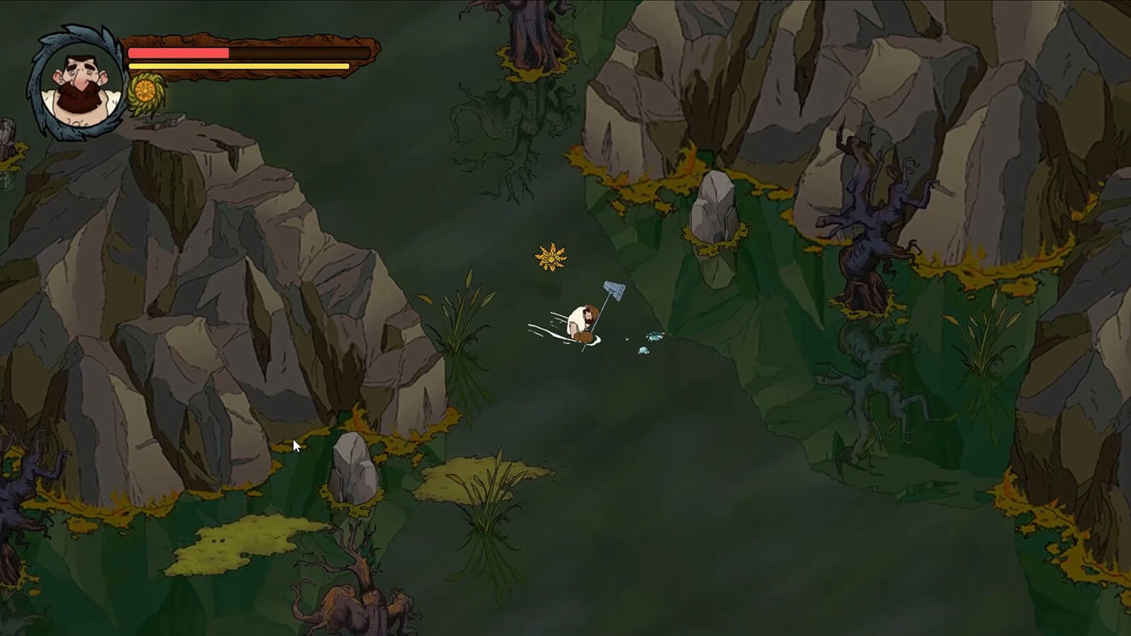 El jugador que sostiene un hacha vadea el agua entre dos acantilados rocosos