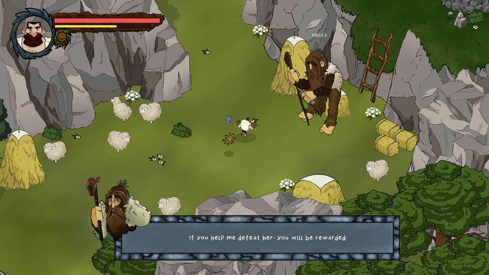 El jugador entabla una conversación con un NPC gigante en una zona rocosa