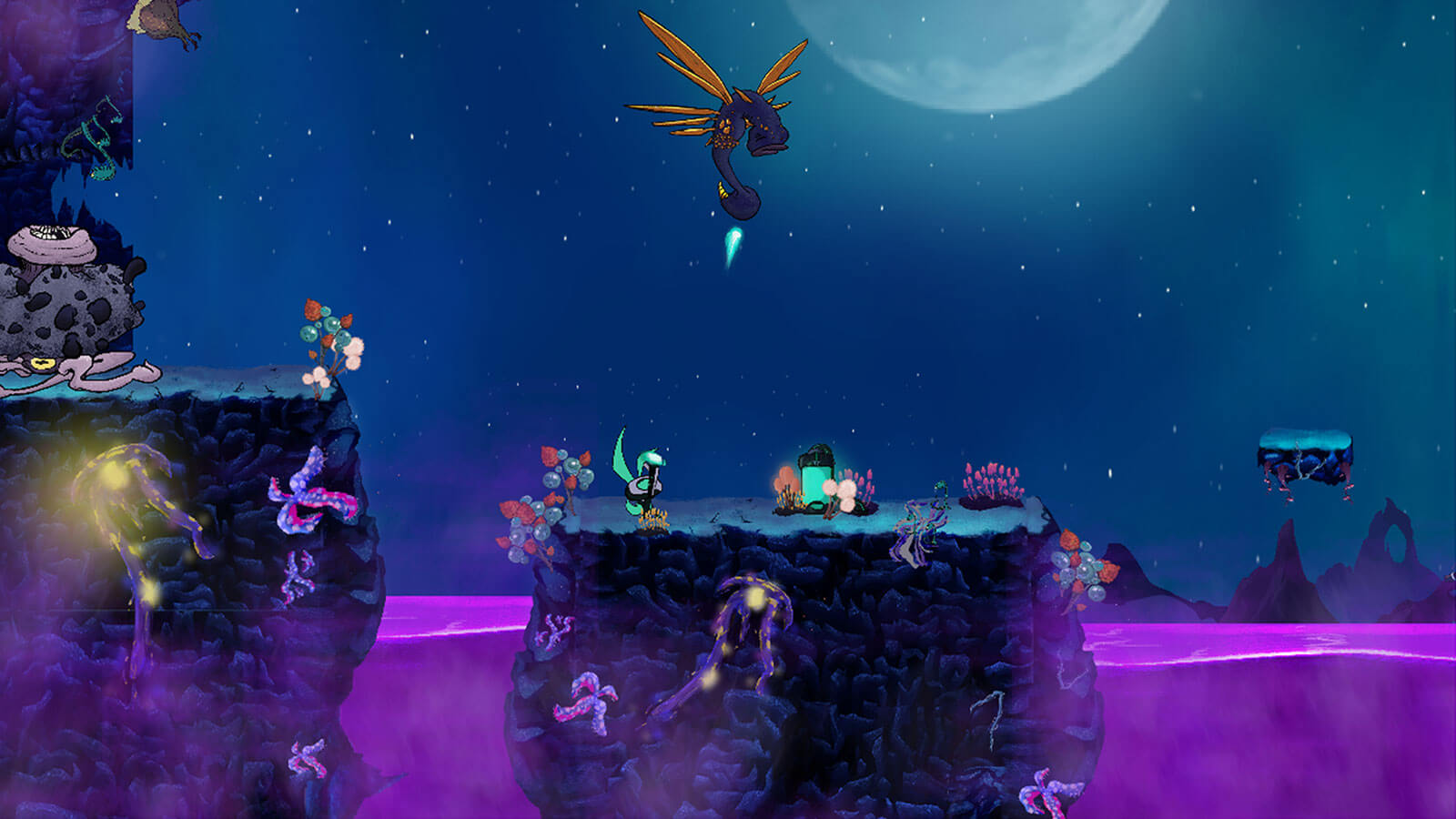 El jugador dispara al enemigo volador mientras está parado en una plataforma envenenada a ambos lados.