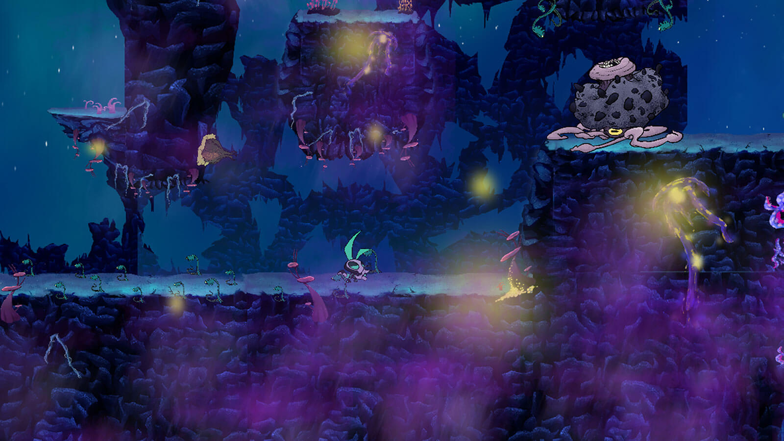 El jugador camina a lo largo de una plataforma rocosa con varias plataformas encima.