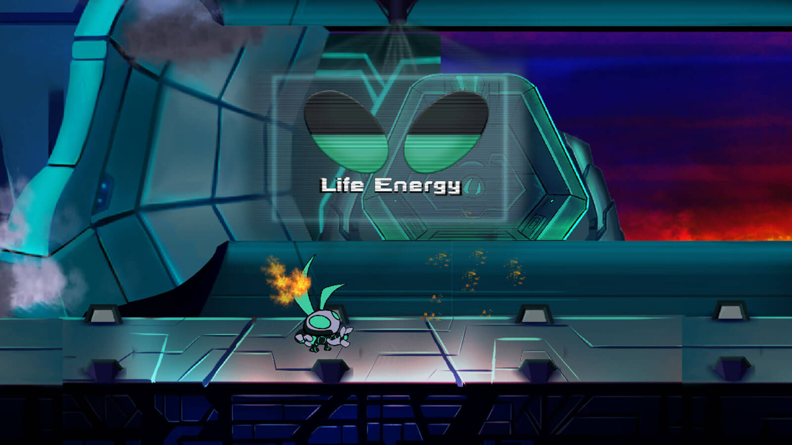 Player walks along metal platform with a message that says &#039;Life Energy&#039; imposed on the screen.