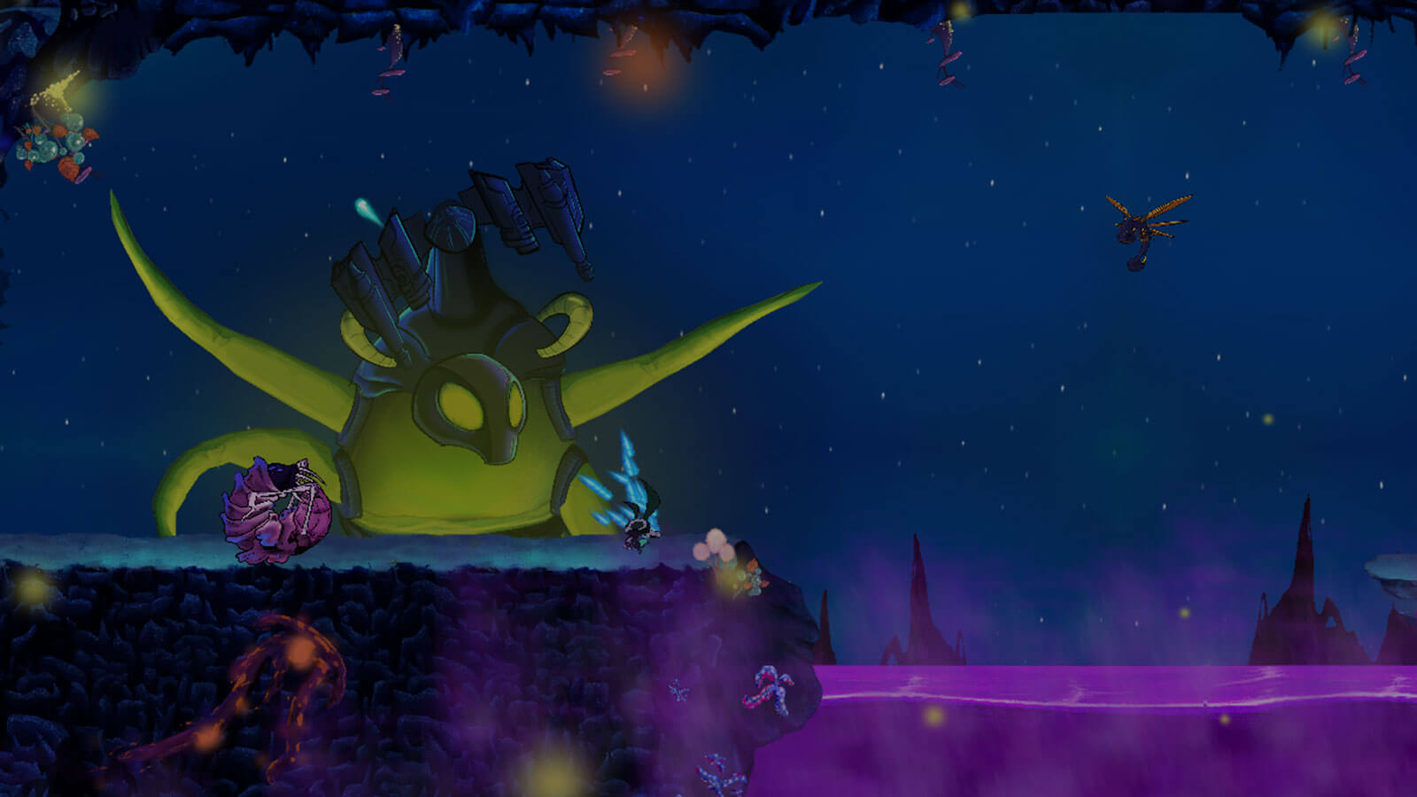 El jugador dispara a múltiples enemigos sobre una plataforma rocosa.