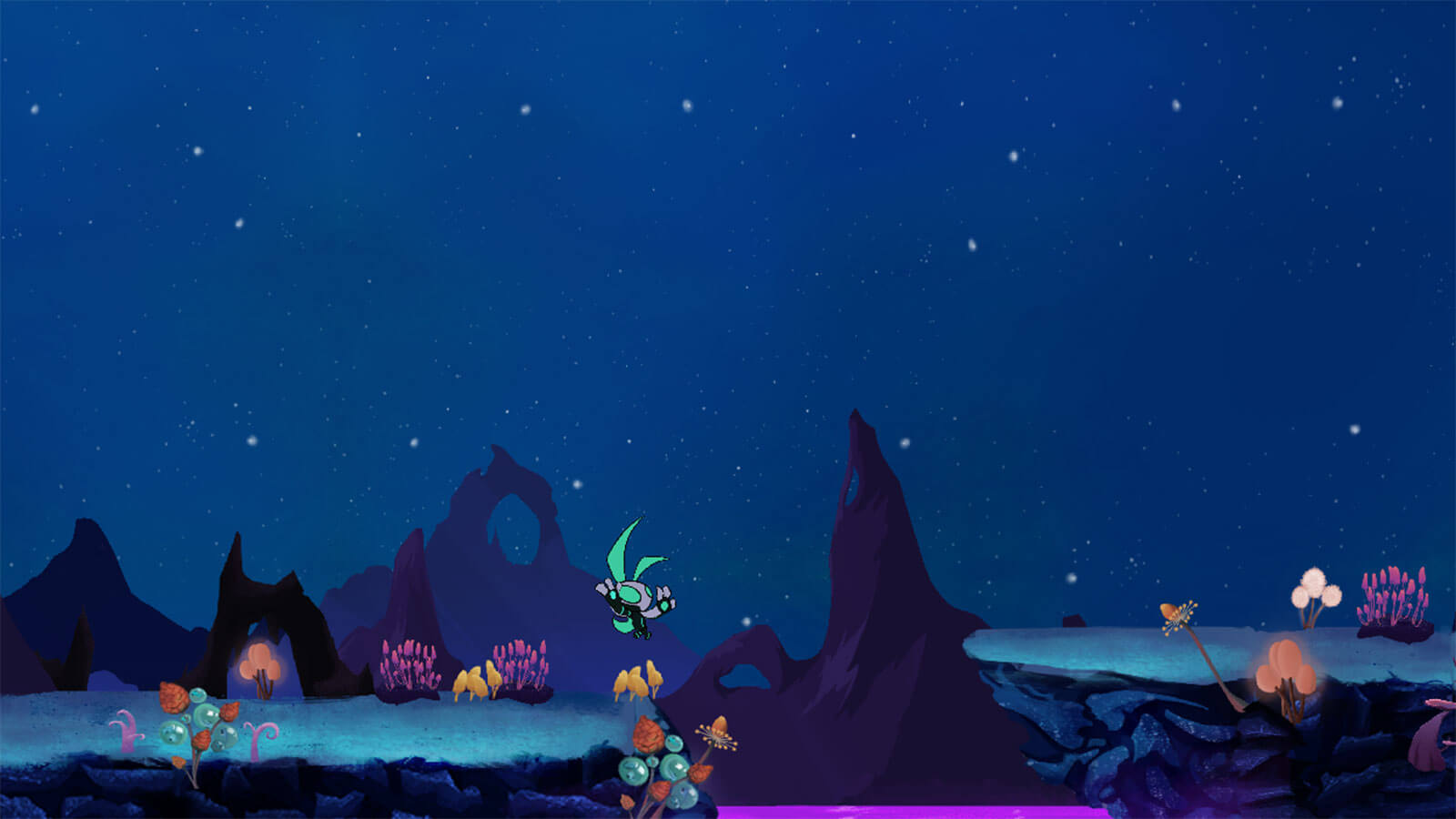 Player jumps over an area full of purple liquid to a rocky platform.