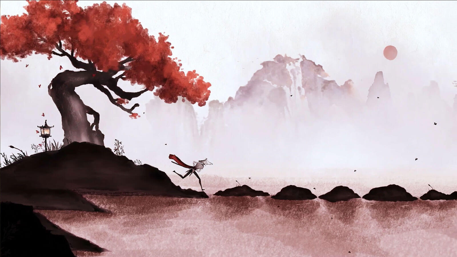 A samurai runs across staggered rocks on a lake