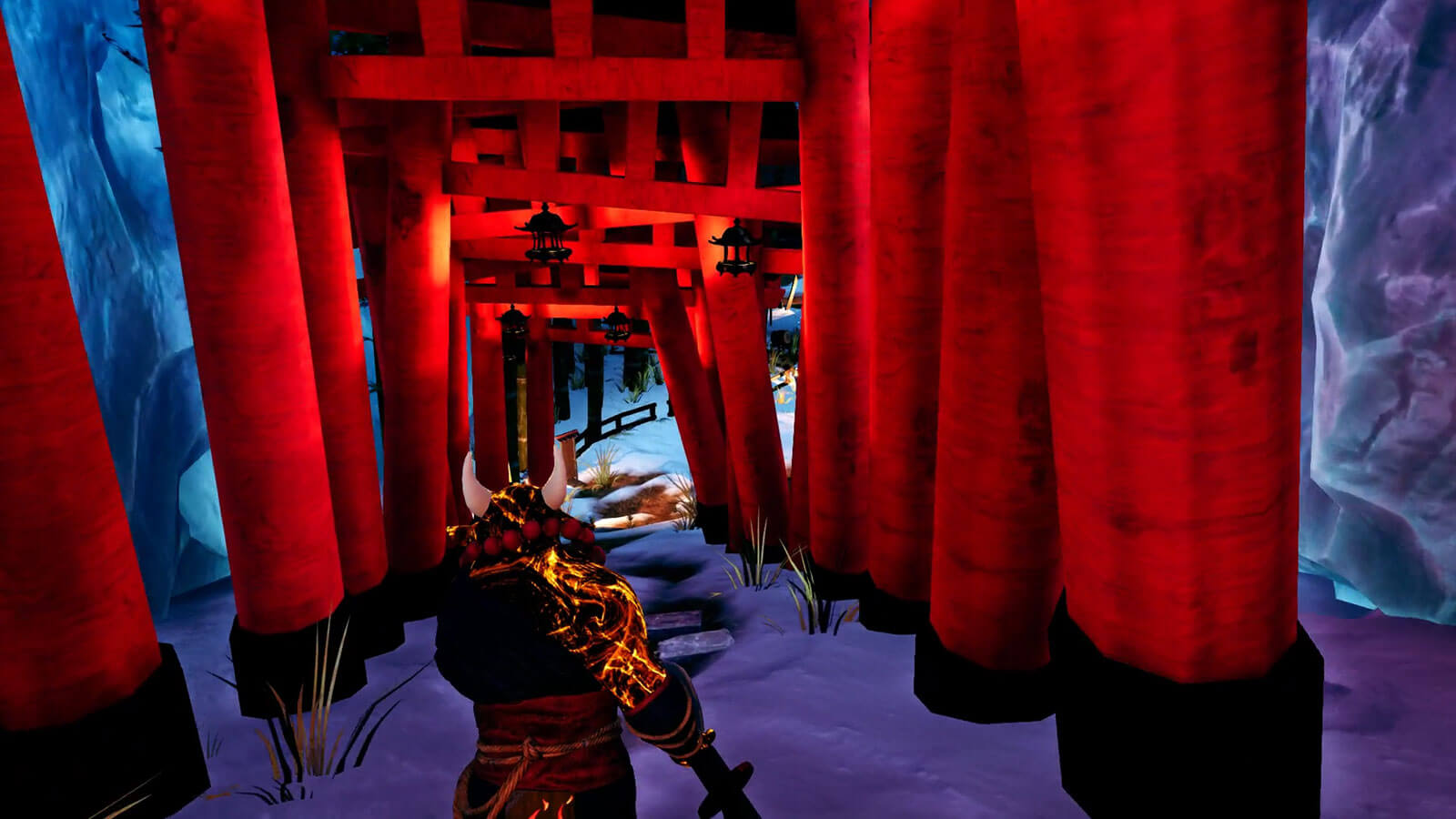 A samurai walks under a long tunnel made of red japanese tora arches