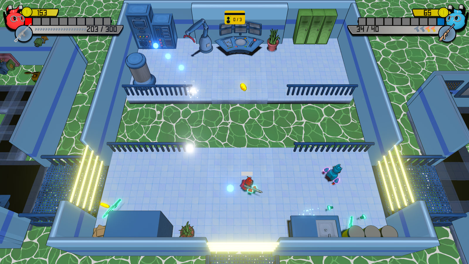 Un robot rojo apunta su arma en una habitación separada por un canal de agua verde