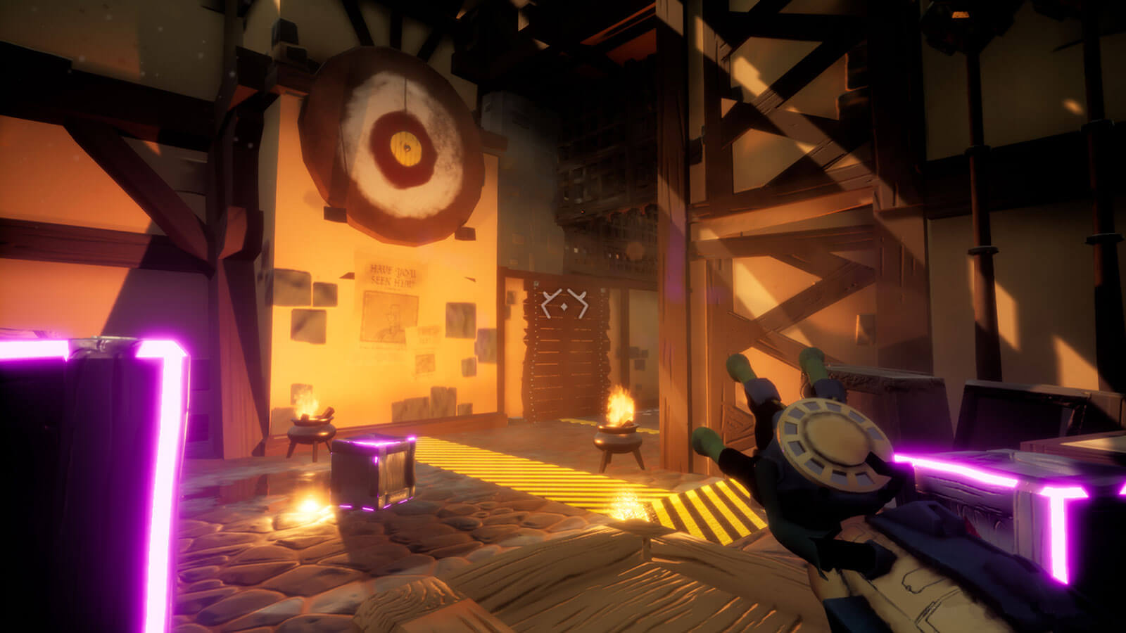 Vista en primera persona del jugador manipulando un bloque dentro de una habitación de madera