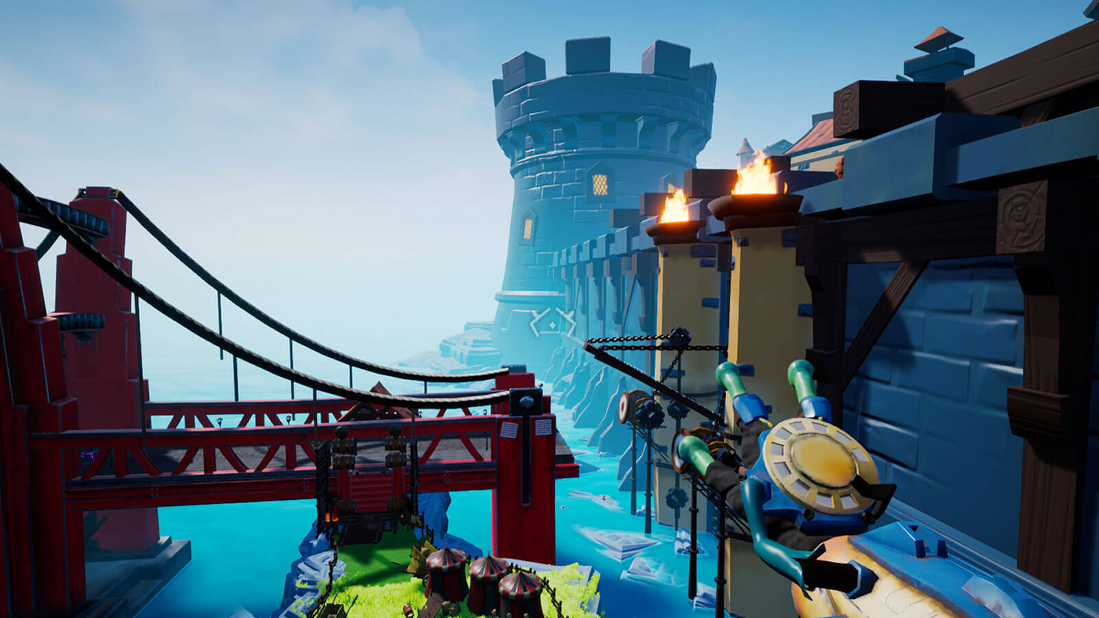 1st-person view of a player standing near a castle ramparts with a large modern bridge next to it