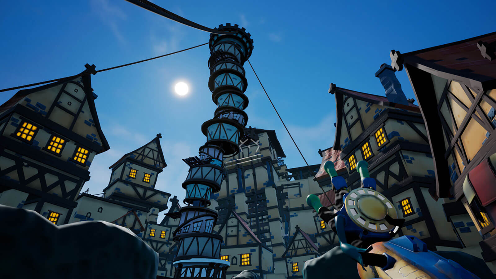 Player looks up at massive oddly stacked tower in a town square