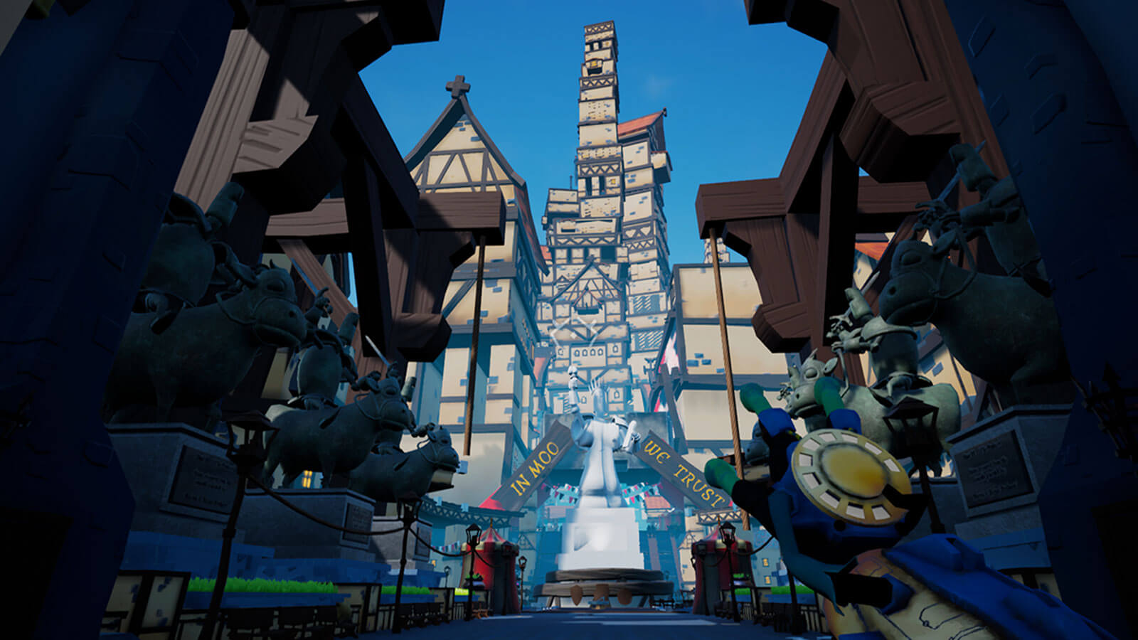 First-person view of player walking through a town with a tall castle in the background